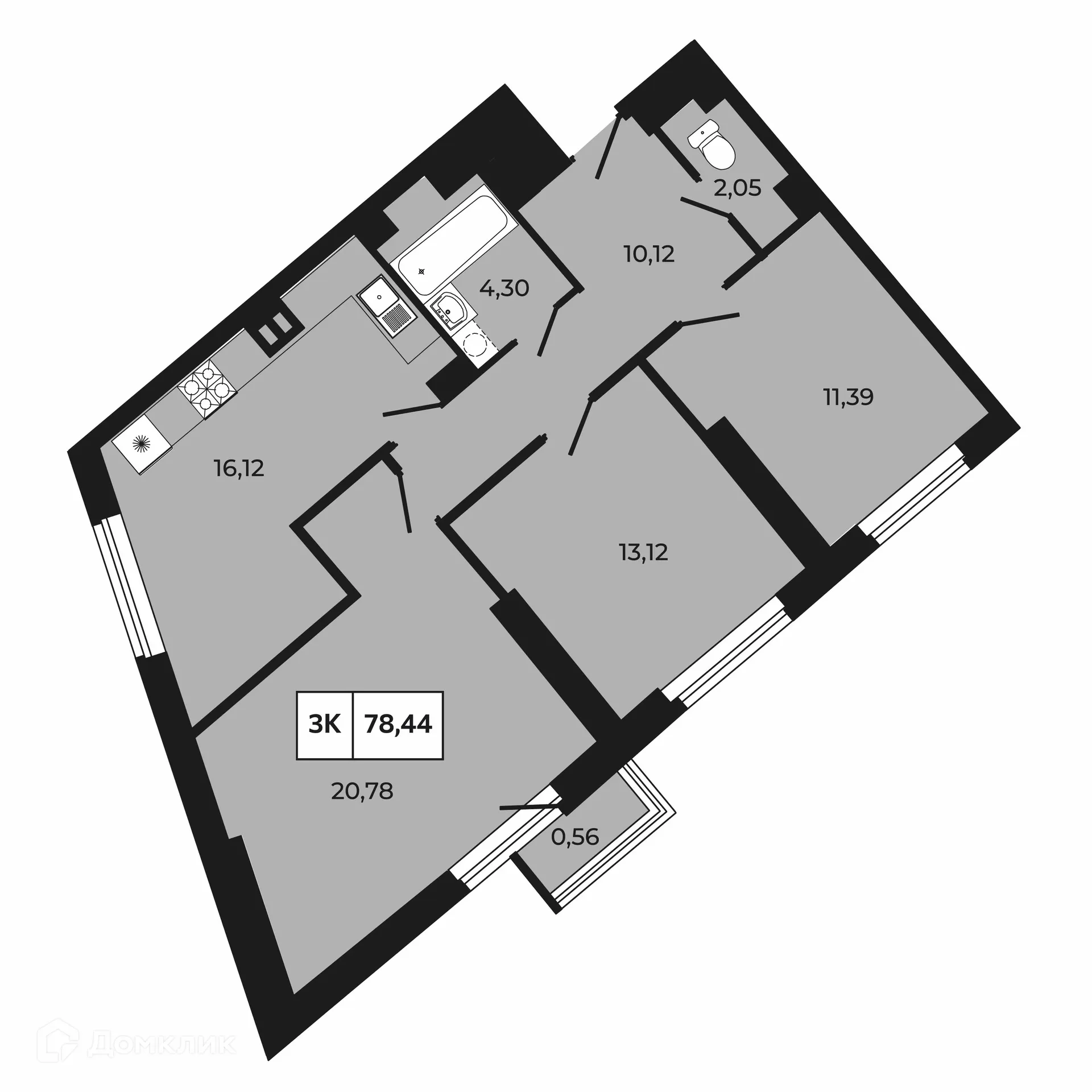 Планировка 3-комнатной квартиры 78.44 м² в ЖК Манхэттен 2.0, г. Ростов-на-Дону — фото 1