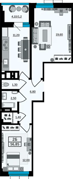 Планировка 2-комнатной квартиры 57.7 м² в ЖК Грин парк, г. Ростов-на-Дону — фото 1