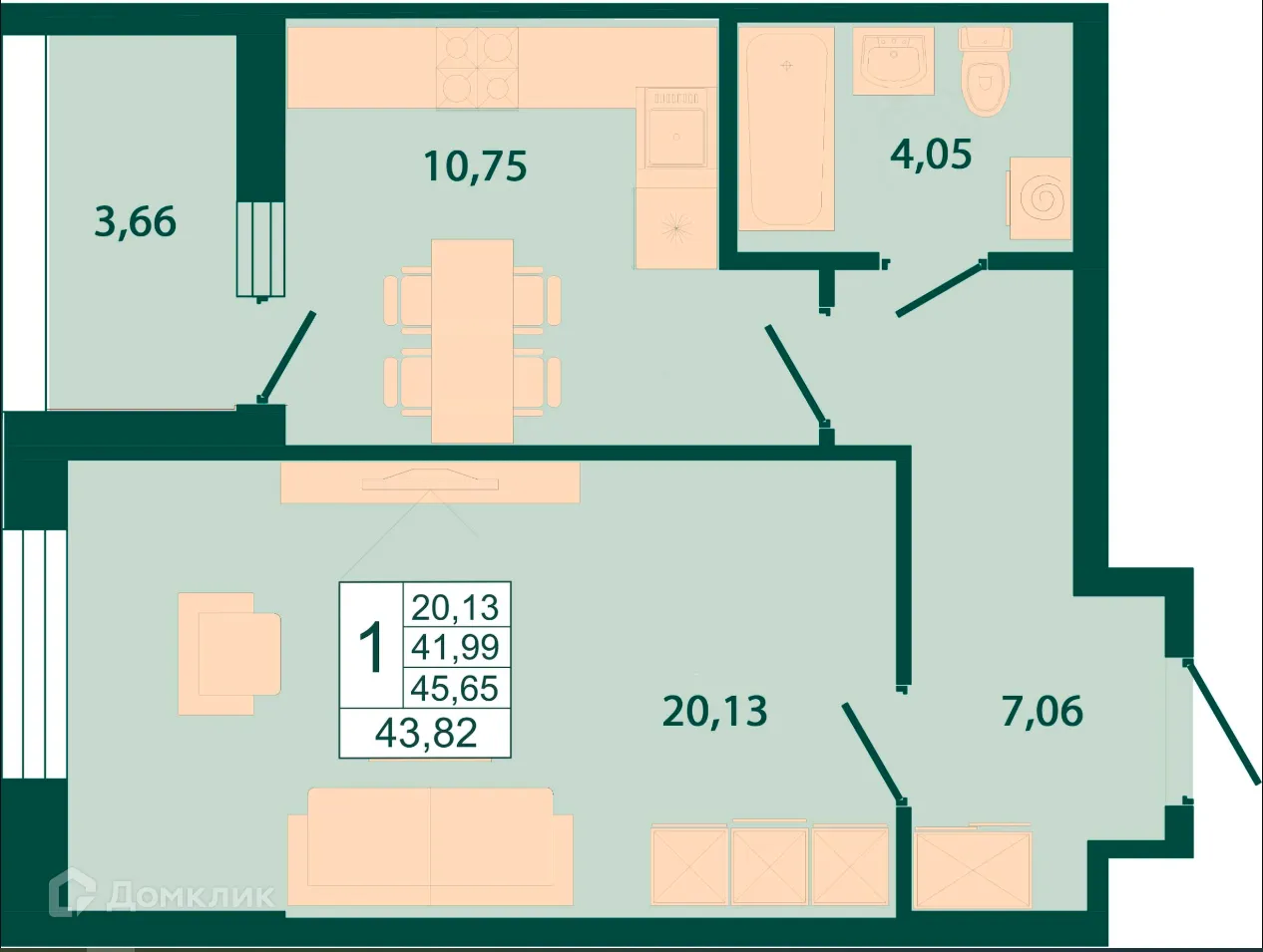 Планировка 1-комнатной квартиры 43.82 м² в ЖК "Северный бульвар", г. Ростов-на-Дону — фото 1
