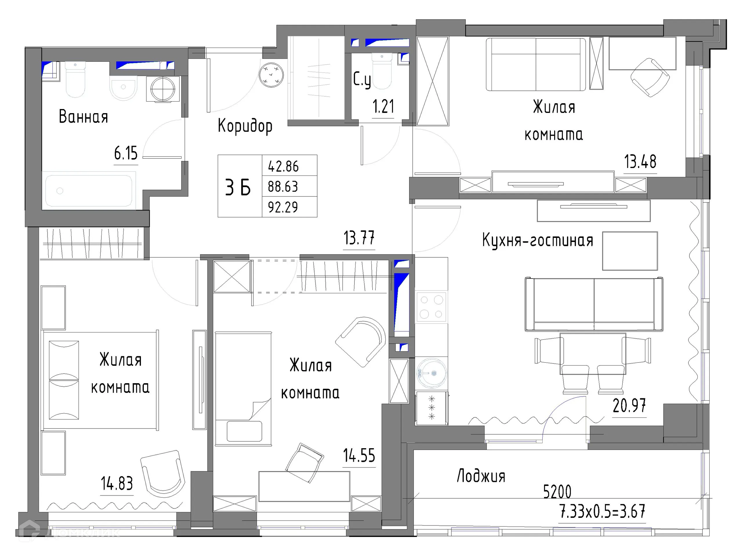 Планировка 3-комнатной квартиры 88.7 м² в ЖК "Парк Плевен", г. Ростов-на-Дону — фото 1