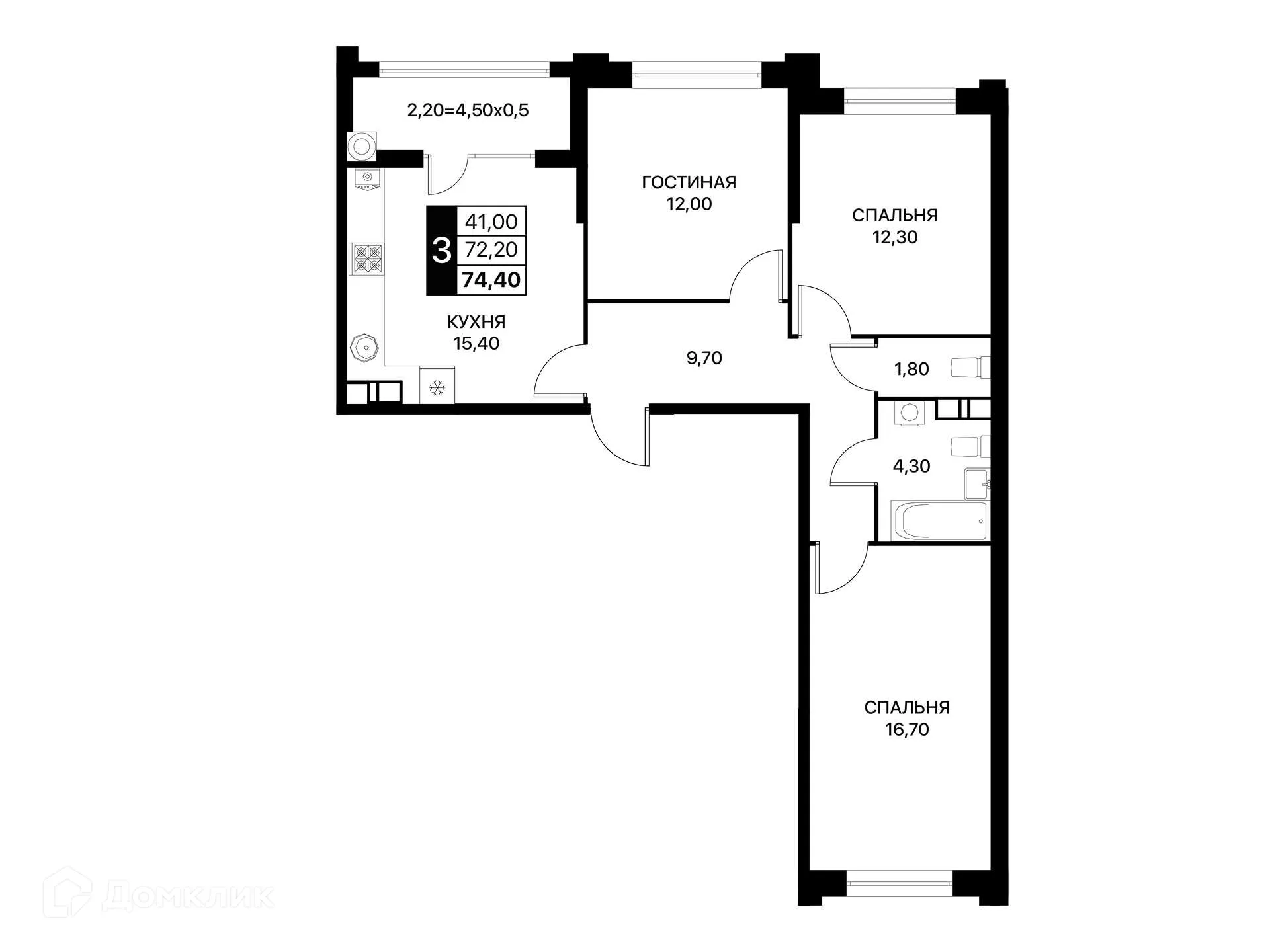 Планировка 3-комнатной квартиры 74.4 м² в ЖК Сияние Квартал на Шолохова, г. Ростов-на-Дону — фото 2