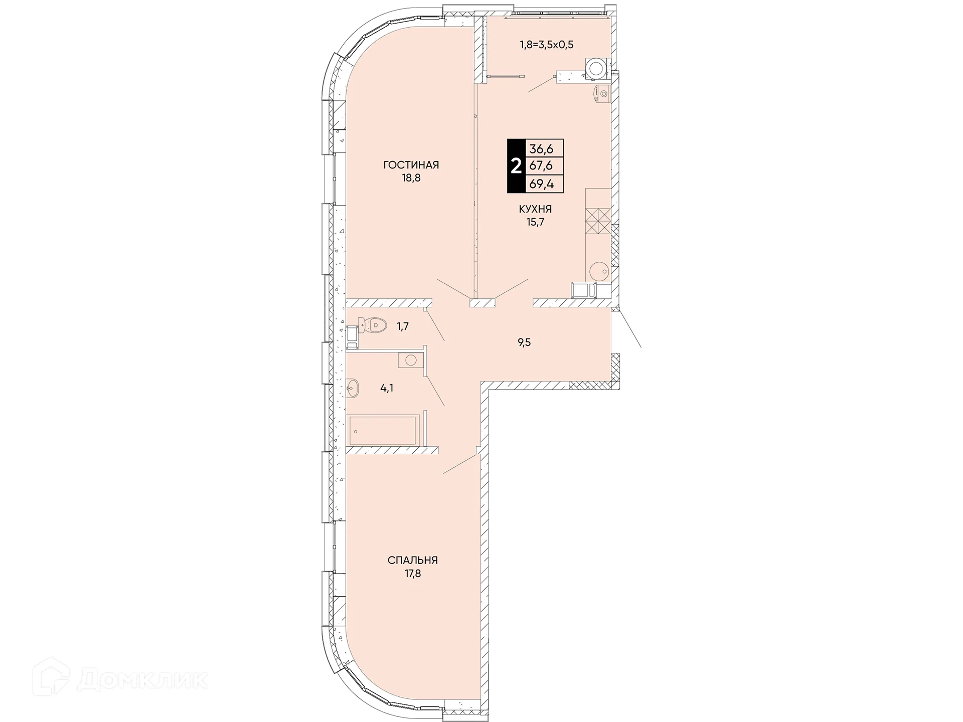 Планировка 2-комнатной квартиры 69.4 м² в ЖК Левобережье, г. Ростов-на-Дону — фото 2