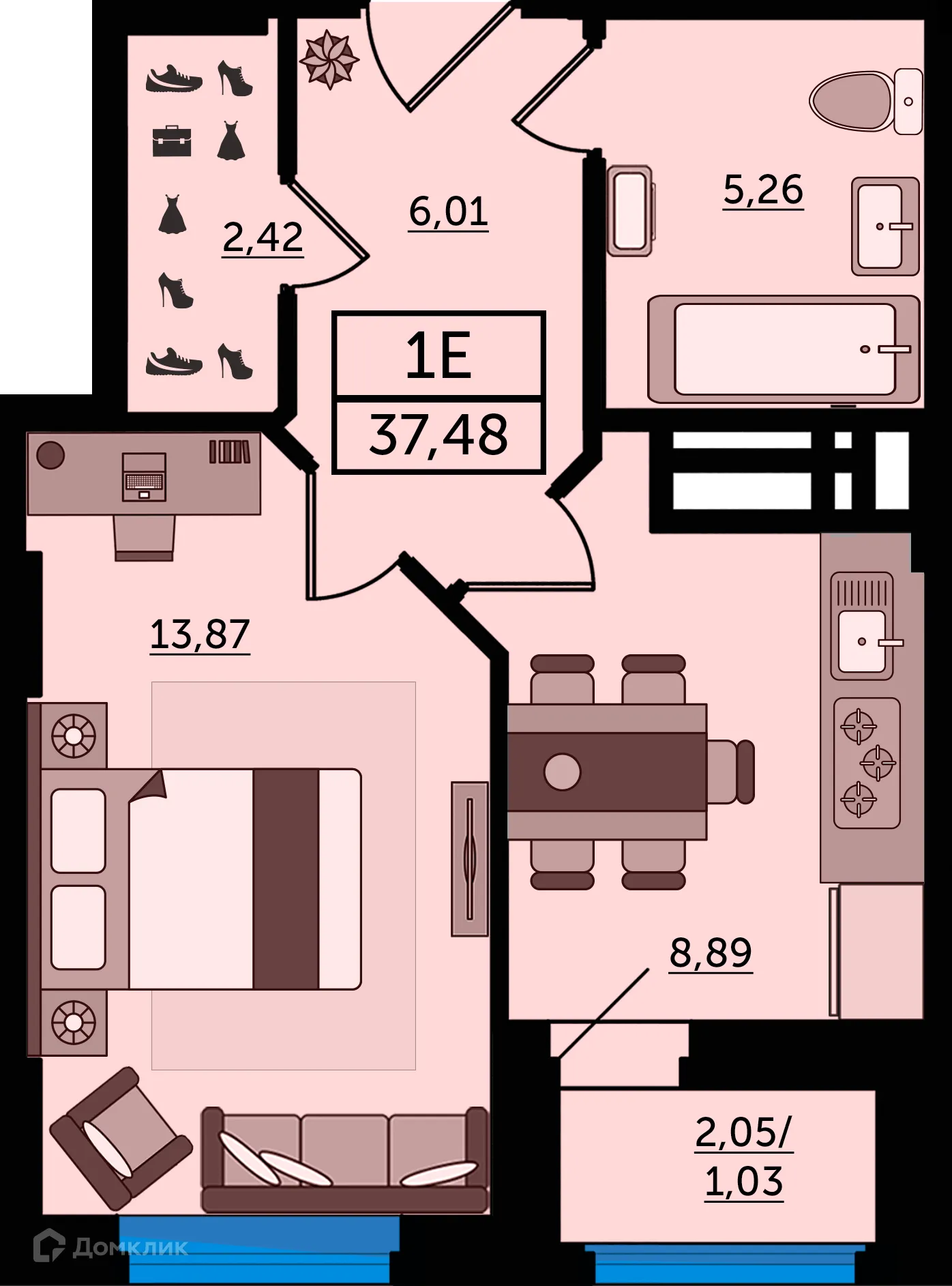 Планировка 1-комнатной квартиры 37.48 м² в ЖК "Легенда Ростова", г. Ростов-на-Дону — фото 1