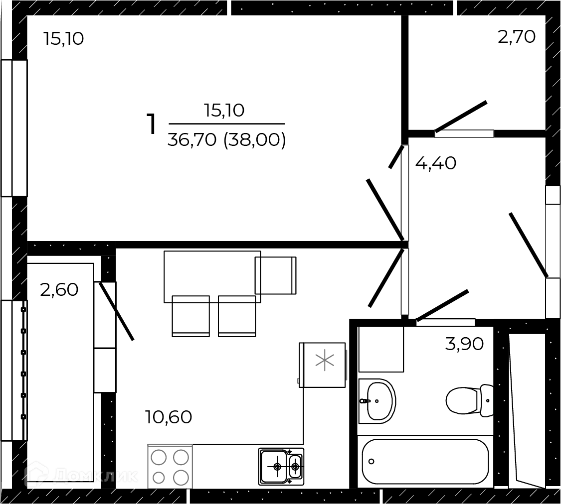 Планировка 1-комнатной квартиры 38 м² в ЖК ПРИТЯЖЕНИЕ, г. Ростов-на-Дону — фото 1
