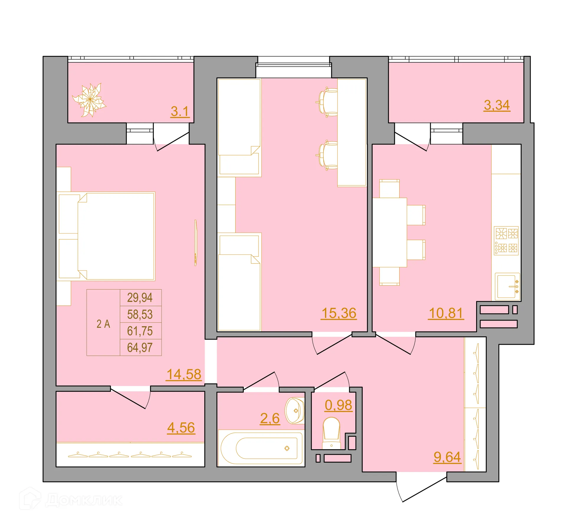 Планировка 2-комнатной квартиры 65.9 м² в ЖК Новый Горизонт, г. Ростов-на-Дону — фото 1