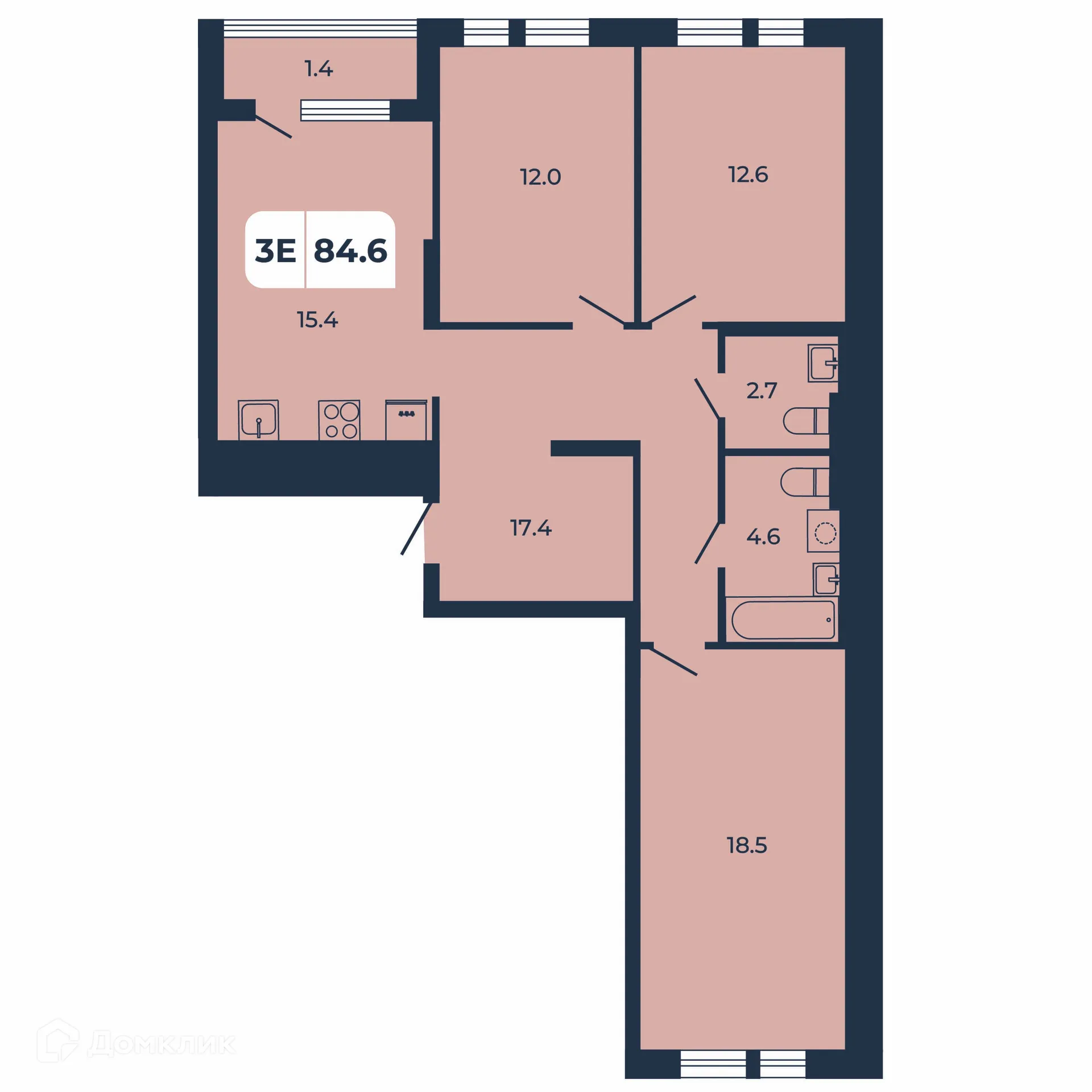 Планировка 3-комнатной квартиры 84.6 м² в ЖК НОРД, г. Ростов-на-Дону — фото 1
