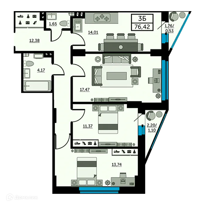 Планировка 3-комнатной квартиры 76.7 м² в ЖК Рубин, г. Ростов-на-Дону — фото 2