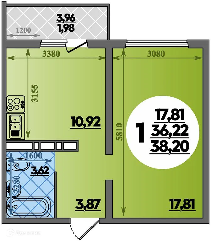Планировка 1-комнатной квартиры 38.2 м² в ЖК Суворовский, г. Ростов-на-Дону — фото 1