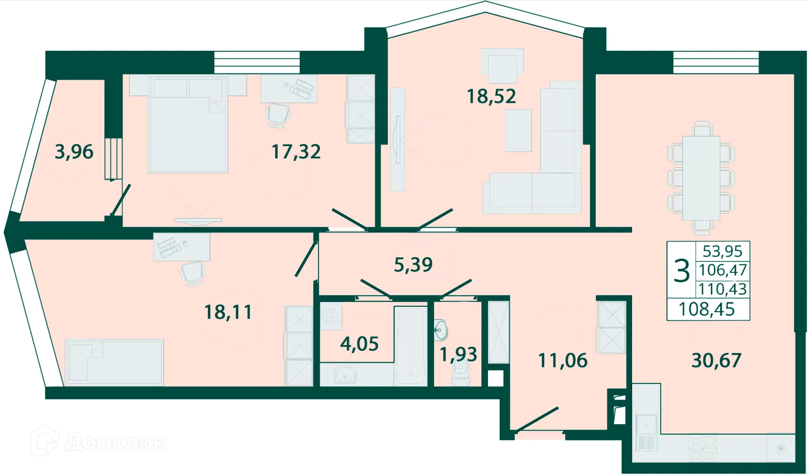 Планировка 3-комнатной квартиры 108.45 м² в ЖК "Северный бульвар", г. Ростов-на-Дону — фото 1