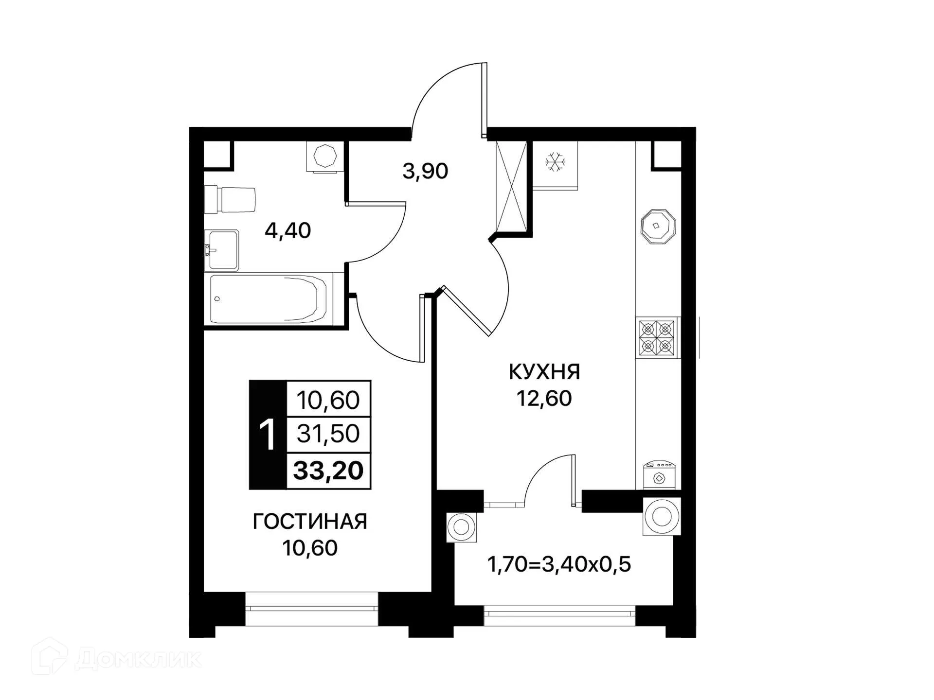 Планировка 1-комнатной квартиры 33.2 м² в ЖК Сияние Квартал на Шолохова, г. Ростов-на-Дону — фото 2