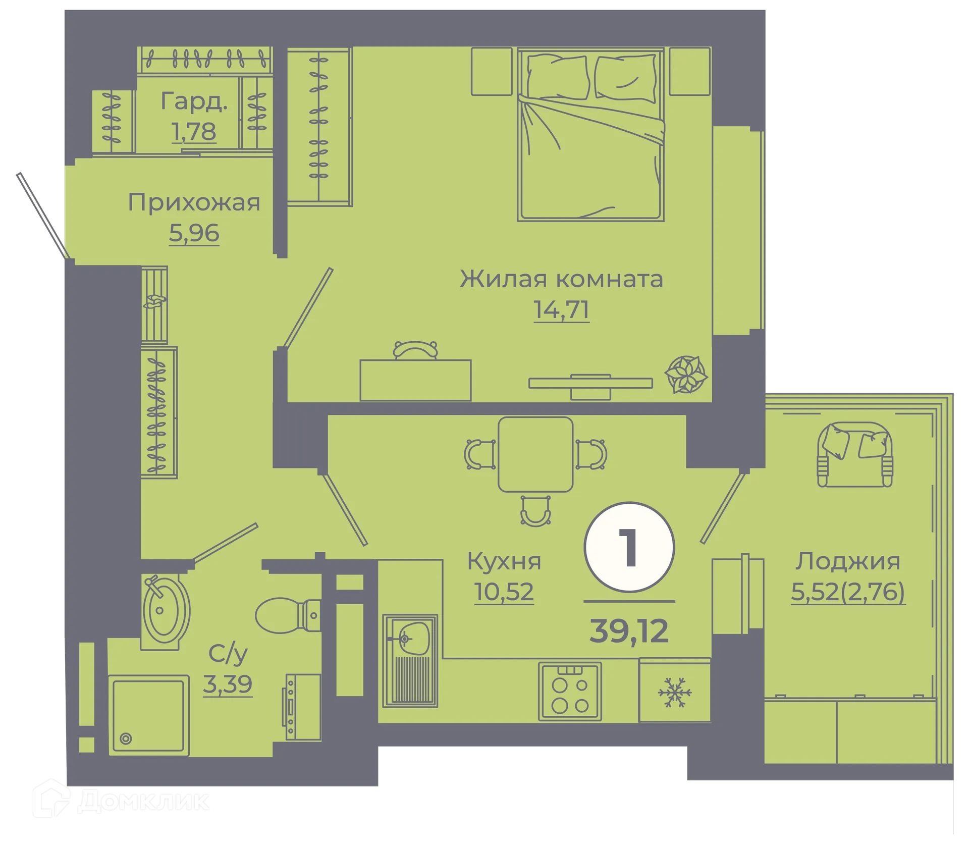 Планировка 1-комнатной квартиры 39.08 м² в ЖК Сокольники, г. Ростов-на-Дону — фото 1