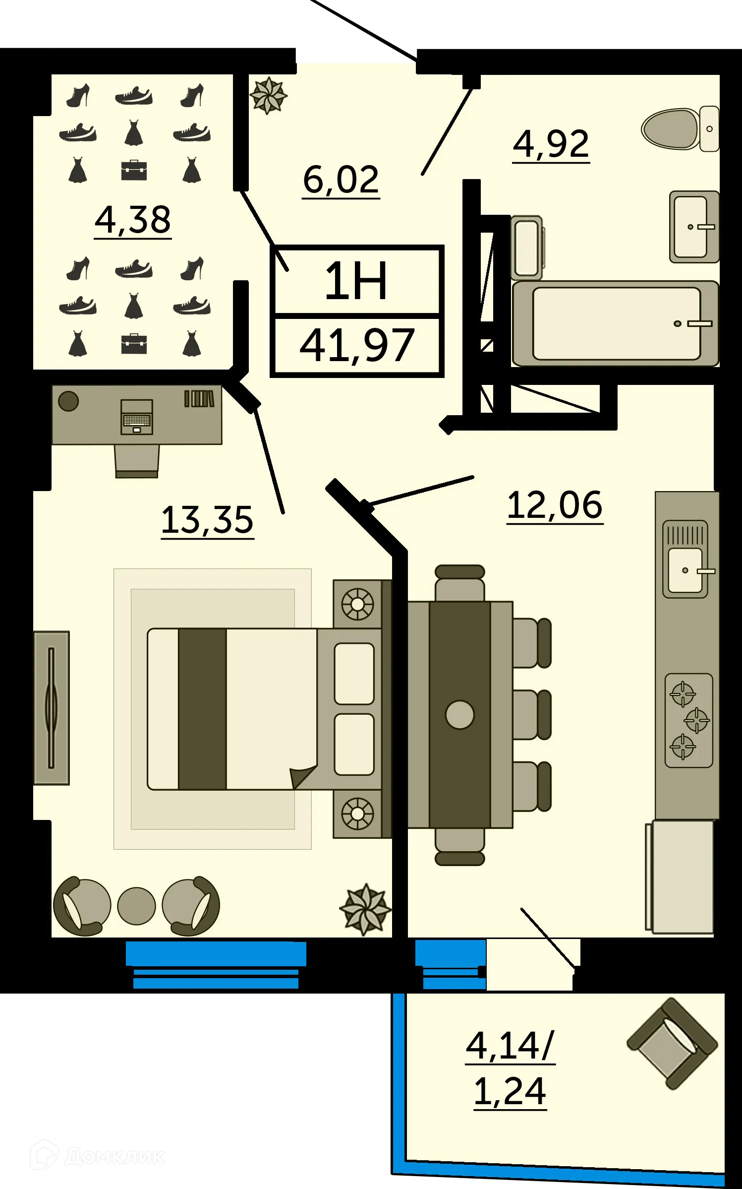 Планировка 1-комнатной квартиры 41.7 м² в ЖК Город у Реки, г. Ростов-на-Дону — фото 3