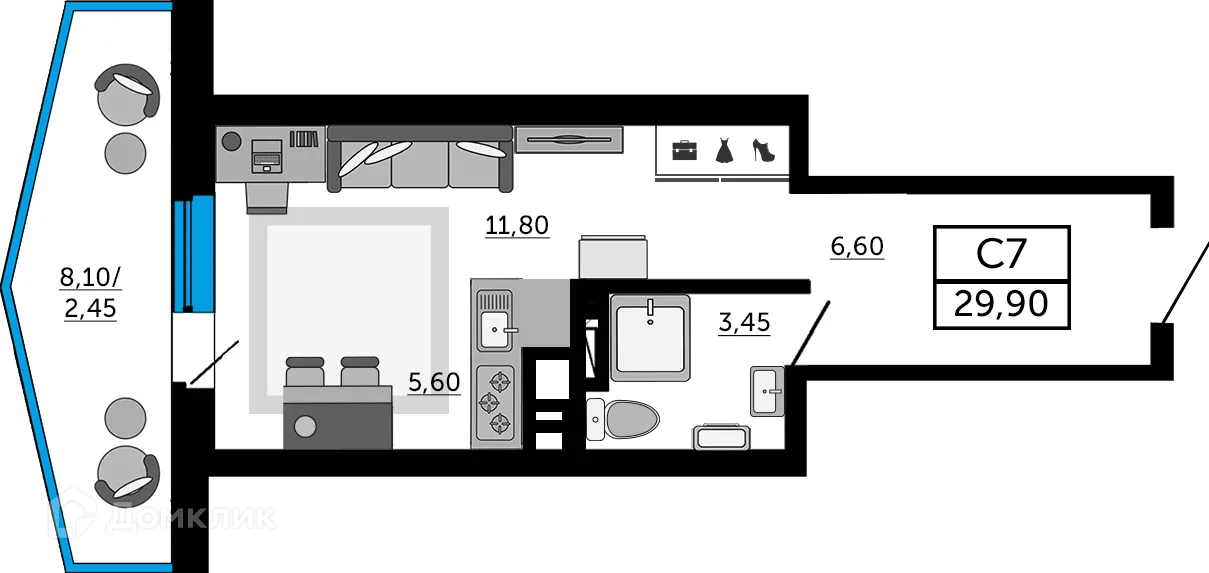 Планировка студии квартиры 29.9 м² в ЖК Донской Арбат 2, г. Ростов-на-Дону — фото 1