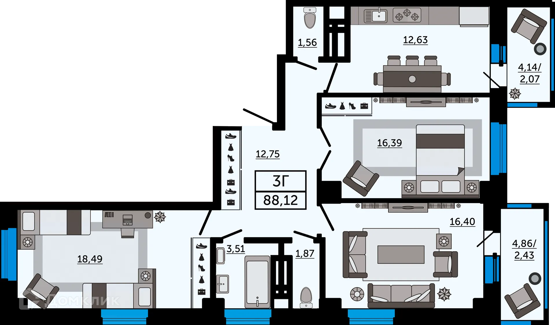 Планировка 3-комнатной квартиры 88.12 м² в ЖК "FOUR PREMIERS" (Фо Премьерс), г. Ростов-на-Дону — фото 1
