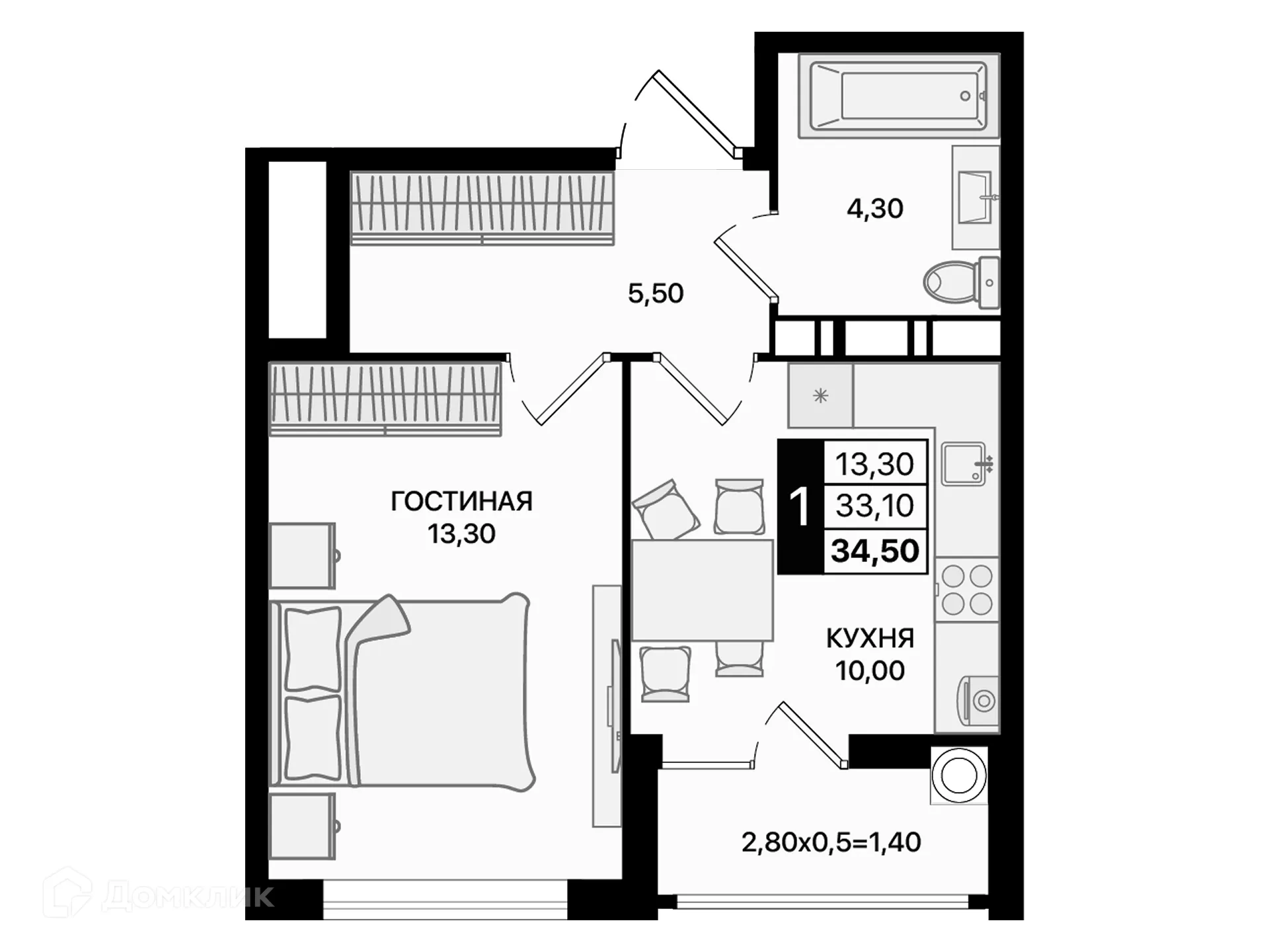 Планировка 1-комнатной квартиры 34.5 м² в ЖК Движение61, г. Ростов-на-Дону — фото 2