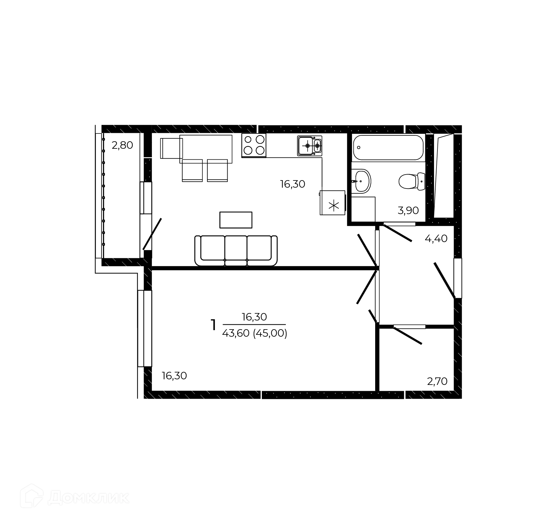 Планировка 1-комнатной квартиры 45 м² в ЖК ПРИТЯЖЕНИЕ, г. Ростов-на-Дону — фото 1