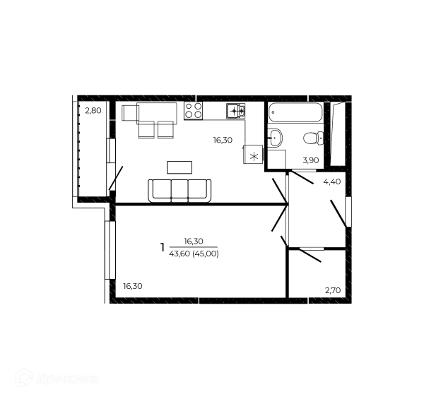 Планировка 1 комн. в ЖК ПРИТЯЖЕНИЕ