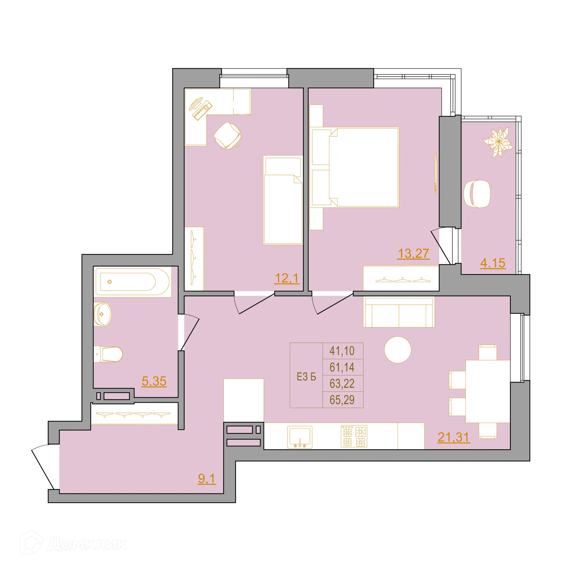 Планировка 3-комнатной квартиры 65.8 м² в ЖК Новый Горизонт, г. Ростов-на-Дону — фото 1