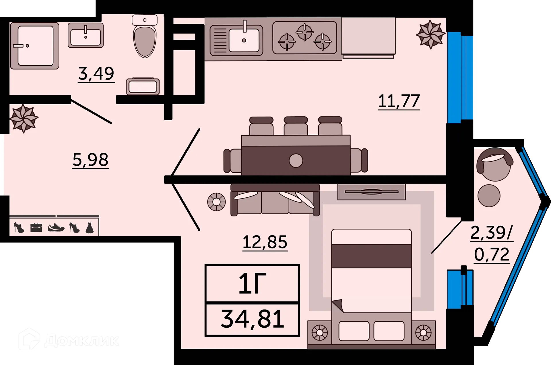 Планировка 1-комнатной квартиры 34.81 м² в ЖК Royal Towers (Роял Тауэрс), г. Ростов-на-Дону — фото 2