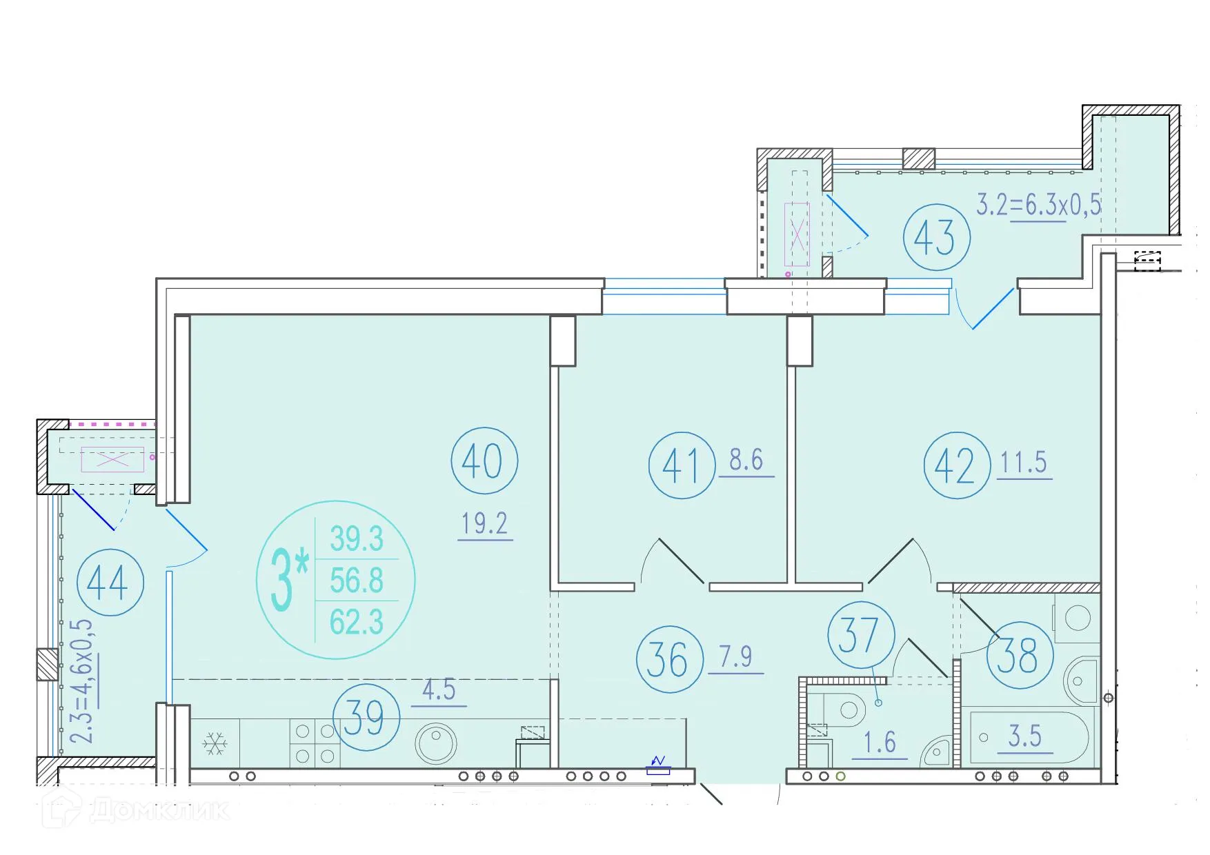 Планировка 3-комнатной квартиры 62.3 м² в ЖК СОСТОЯНИЕ, г. Ростов-на-Дону — фото 2