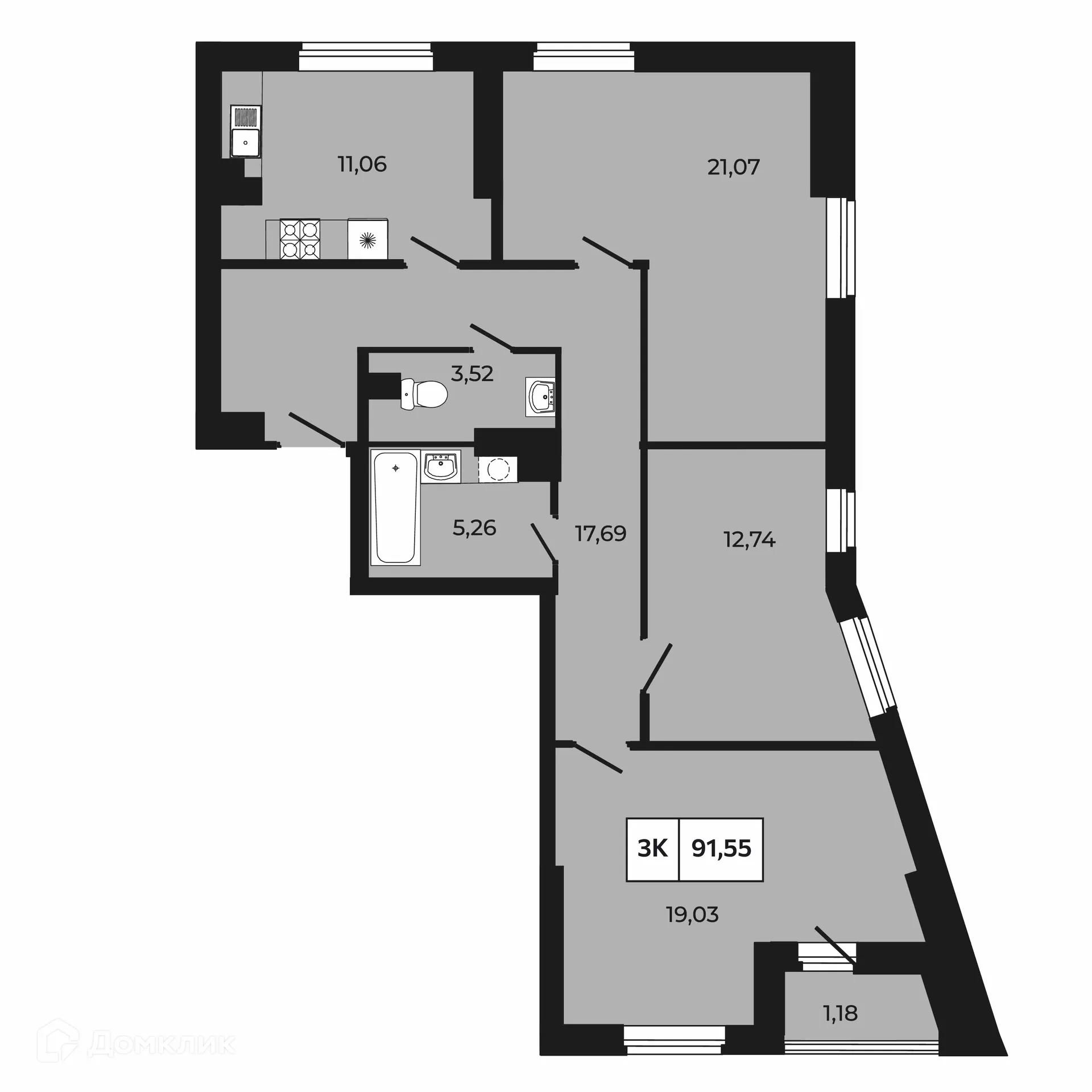 Планировка 3-комнатной квартиры 91.55 м² в ЖК Манхэттен 2.0, г. Ростов-на-Дону — фото 1
