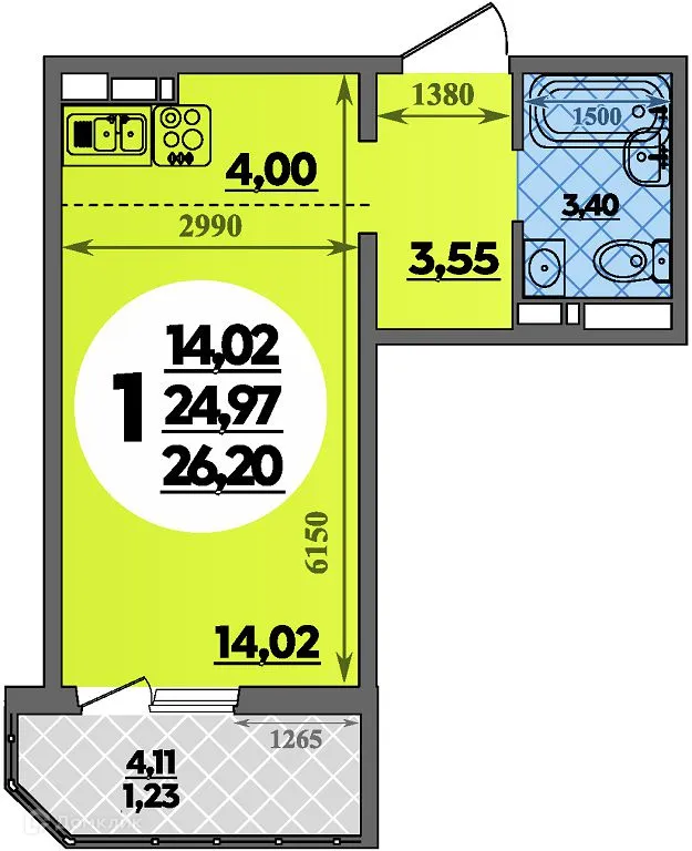 Планировка студии квартиры 26.2 м² в ЖК Суворовский, г. Ростов-на-Дону — фото 1