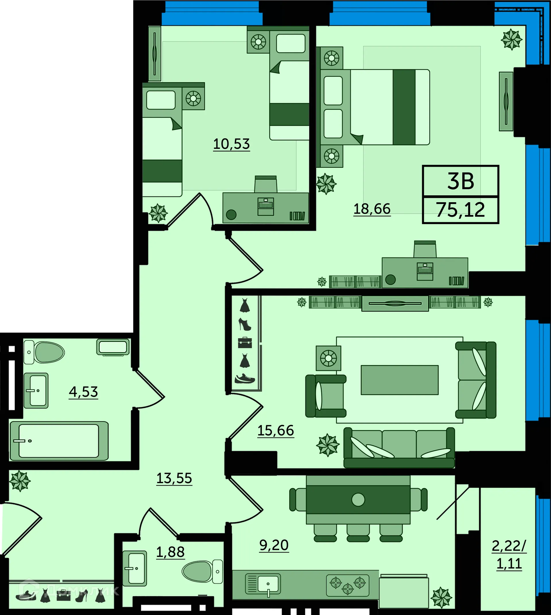 Планировка 3-комнатной квартиры 75.12 м² в ЖК "Легенда Ростова", г. Ростов-на-Дону — фото 1