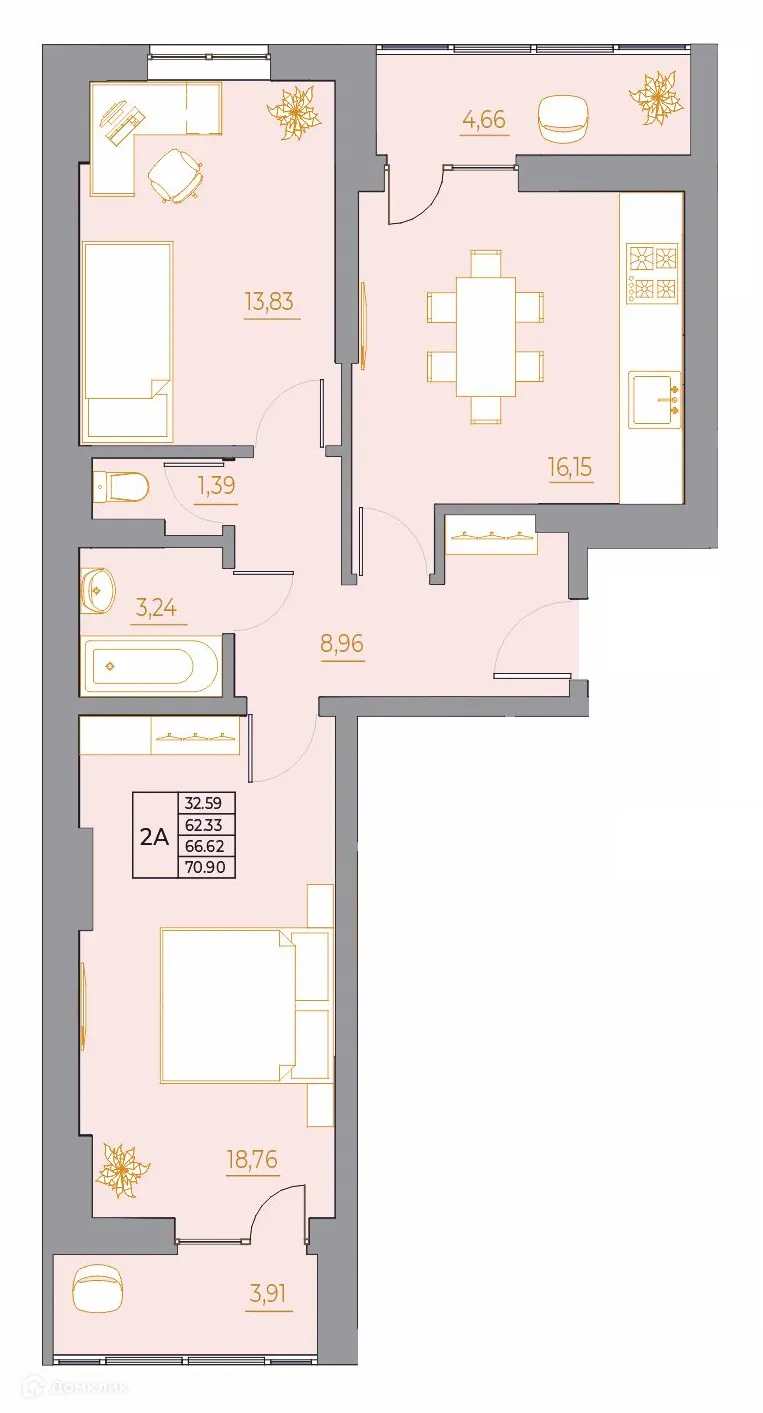 Планировка 2-комнатной квартиры 70.9 м² в ЖК Новый Горизонт, г. Ростов-на-Дону — фото 1