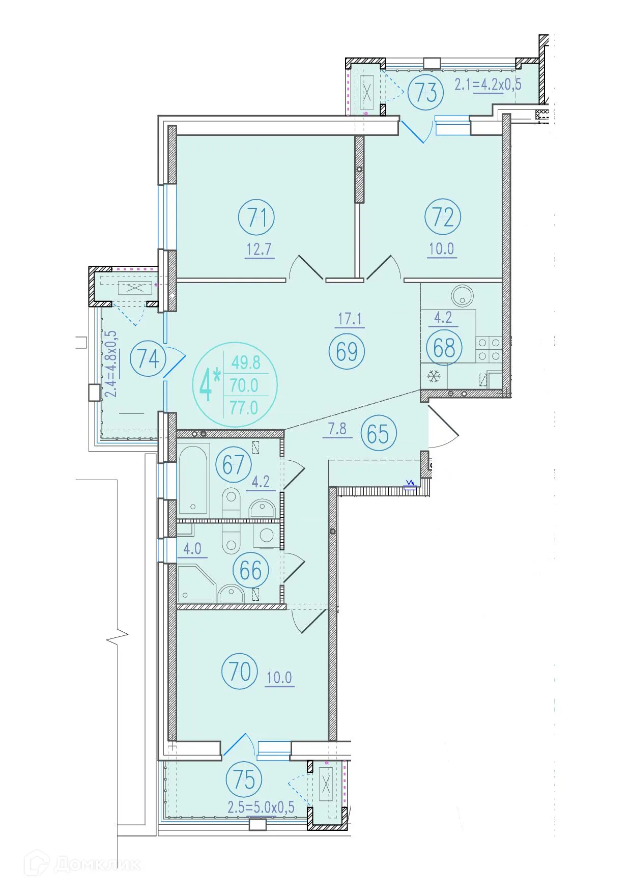 Планировка 4-комнатной квартиры 77 м² в ЖК СОСТОЯНИЕ, г. Ростов-на-Дону — фото 2