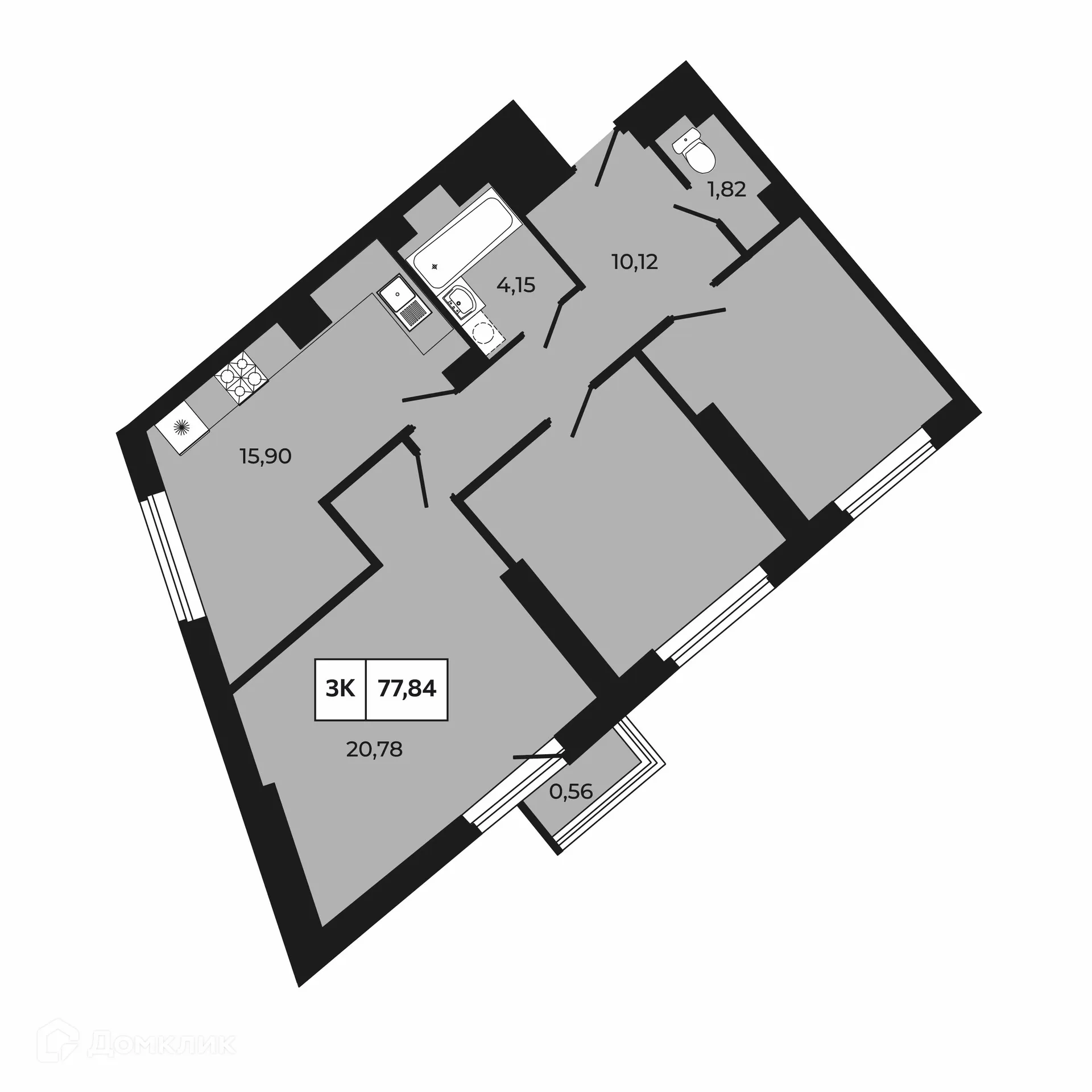 Планировка 3-комнатной квартиры 77.84 м² в ЖК Манхэттен 2.0, г. Ростов-на-Дону — фото 1