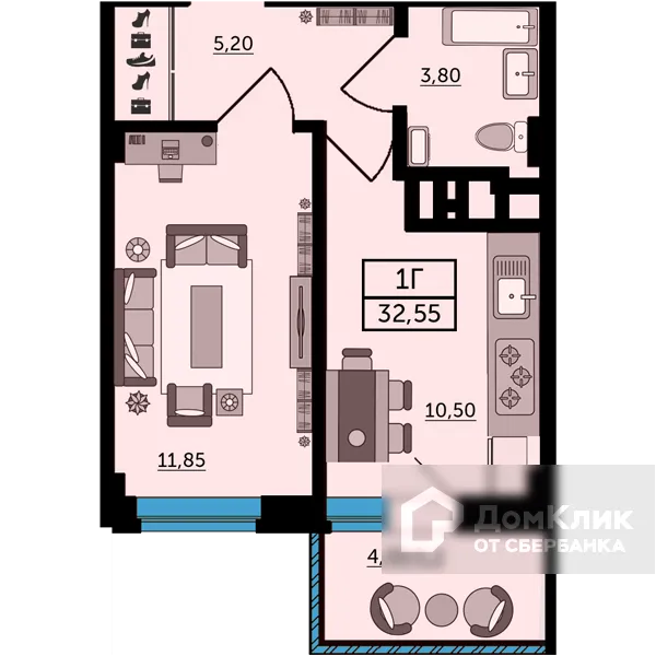 Планировка 1-комнатной квартиры 33.4 м² в ЖК Грин парк, г. Ростов-на-Дону — фото 2