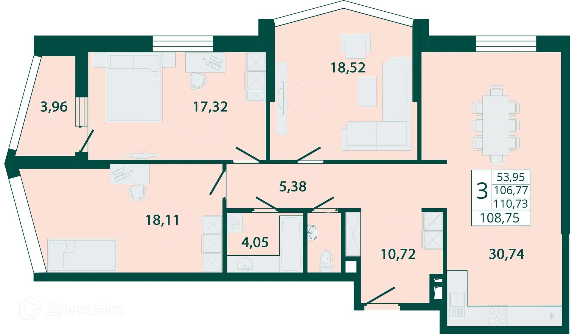 Планировка 3-комнатной квартиры 108.75 м² в ЖК "Северный бульвар", г. Ростов-на-Дону — фото 1