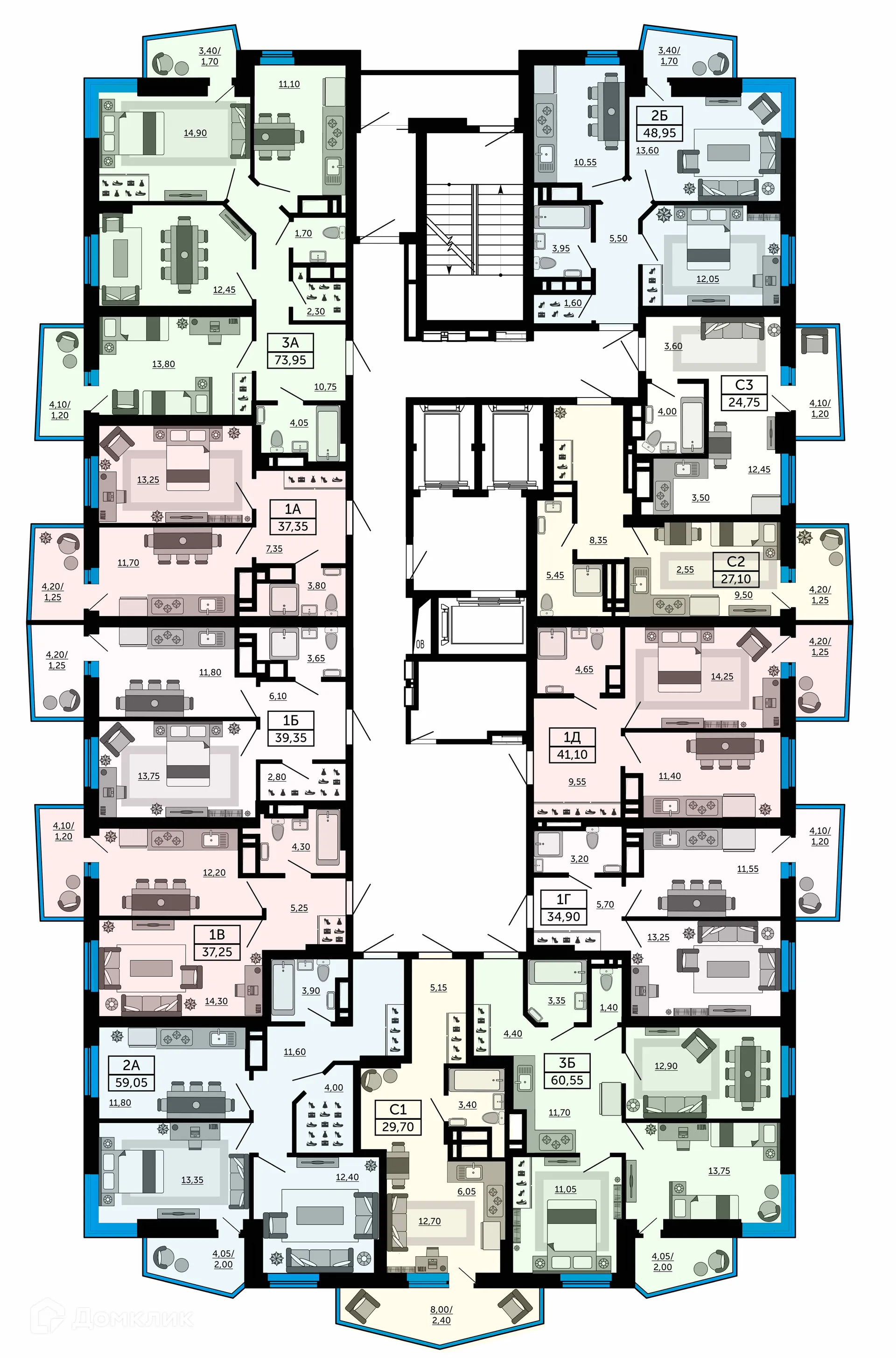 Планировка 3-комнатной квартиры 73.95 м² в ЖК Донской Арбат 2, г. Ростов-на-Дону — фото 3