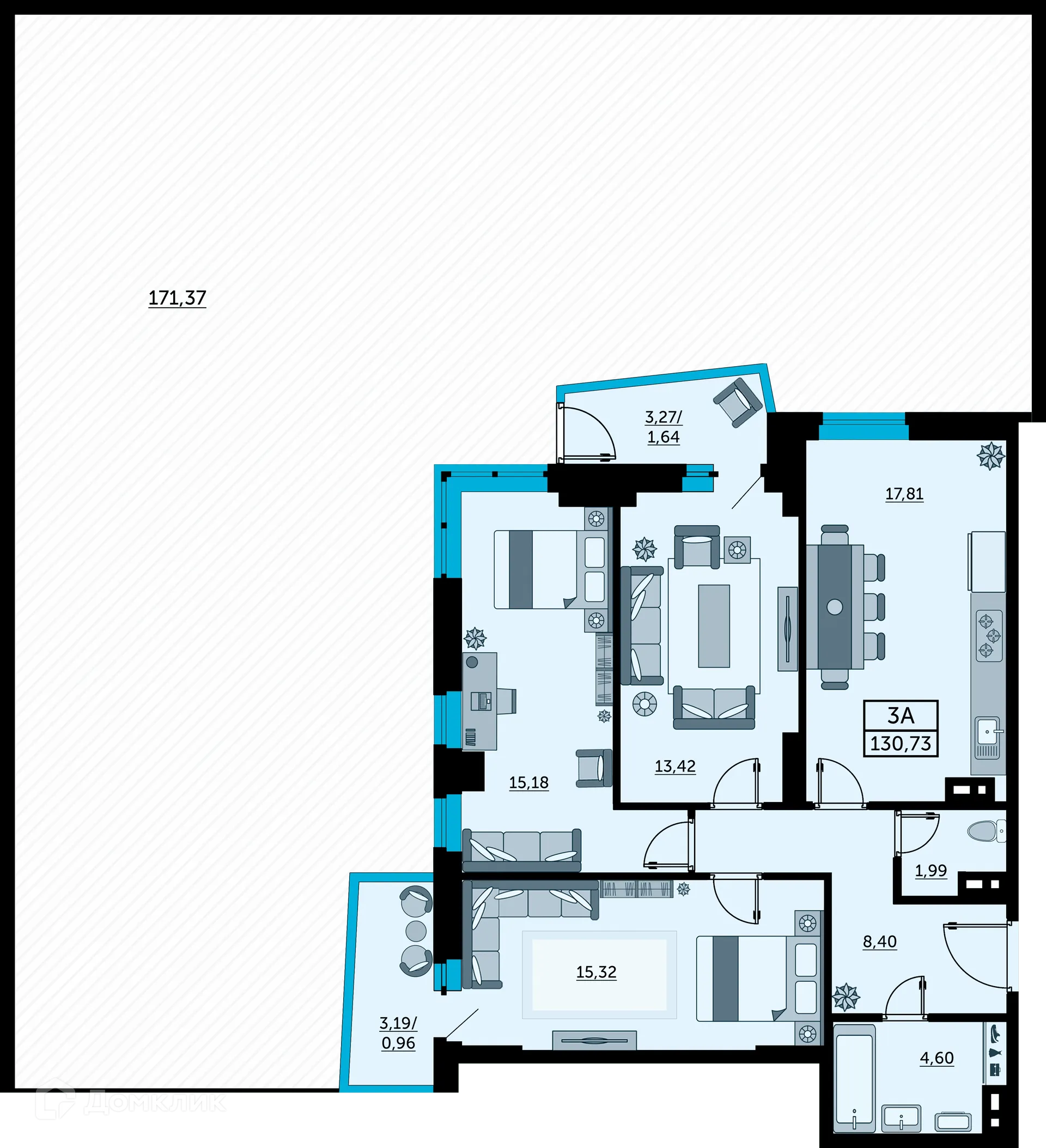 Планировка 3-комнатной квартиры 131.7 м² в ЖК Сердце Ростова 2, г. Ростов-на-Дону — фото 3