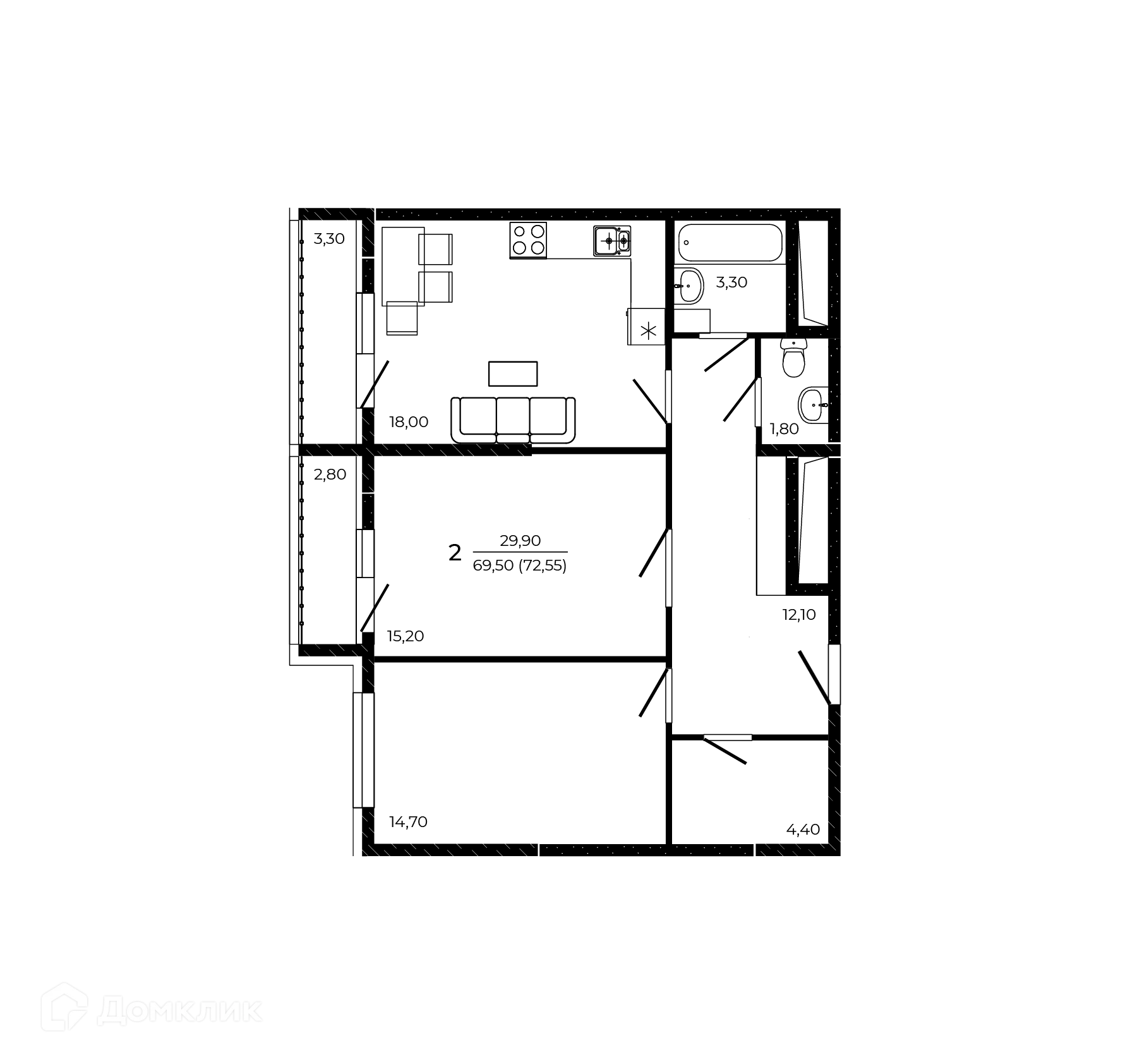 Планировка 2-комнатной квартиры 72.55 м² в ЖК ПРИТЯЖЕНИЕ, г. Ростов-на-Дону — фото 1