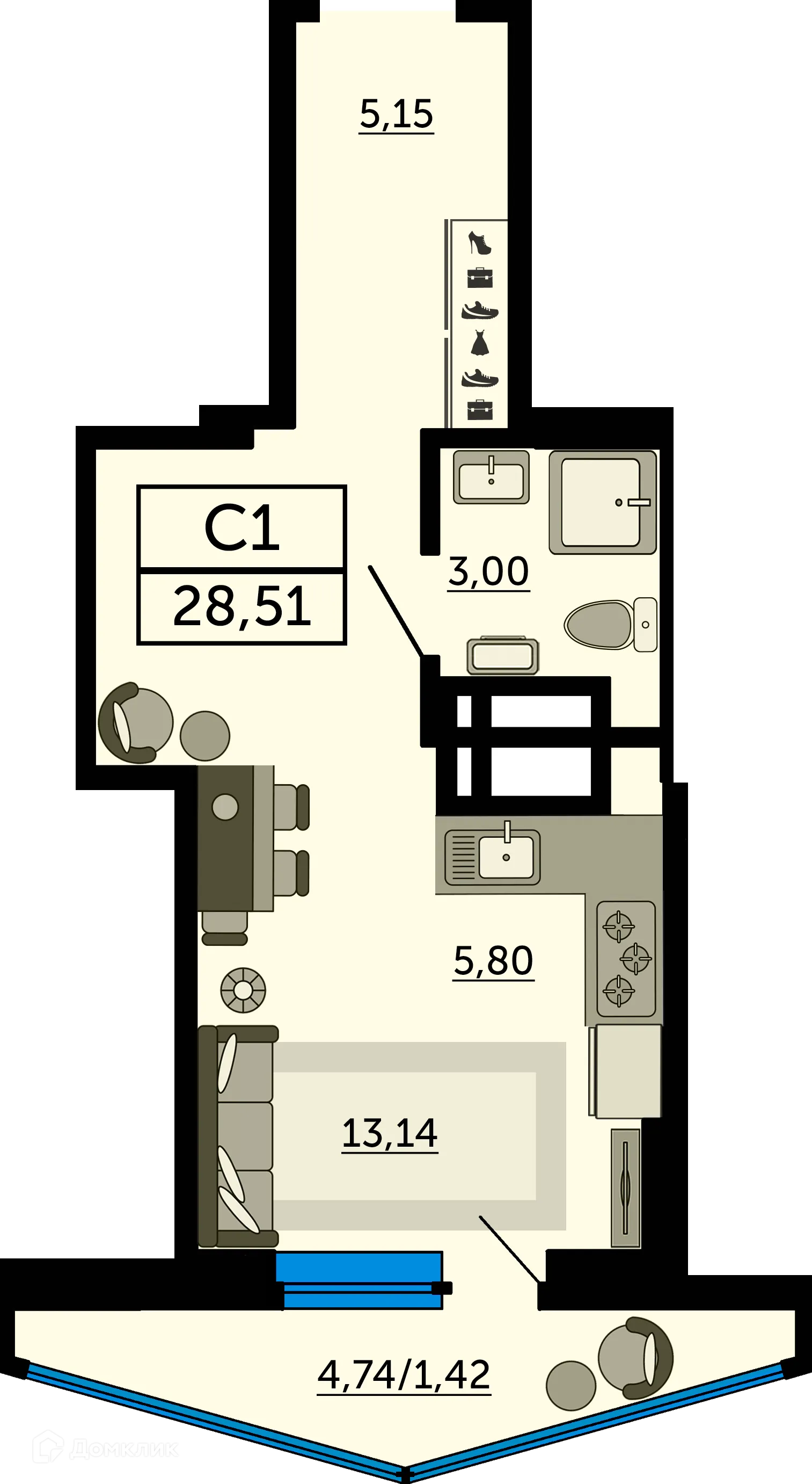 Планировка студии квартиры 28.51 м² в ЖК Royal Towers (Роял Тауэрс), г. Ростов-на-Дону — фото 1