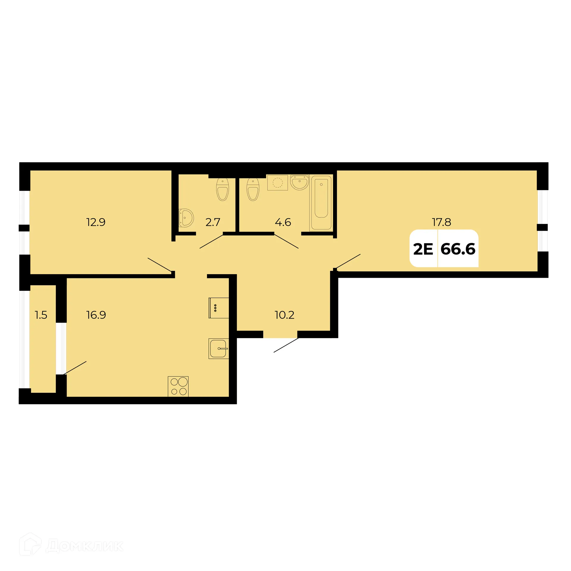 Планировка 2-комнатной квартиры 66.6 м² в ЖК НОРД, г. Ростов-на-Дону — фото 1