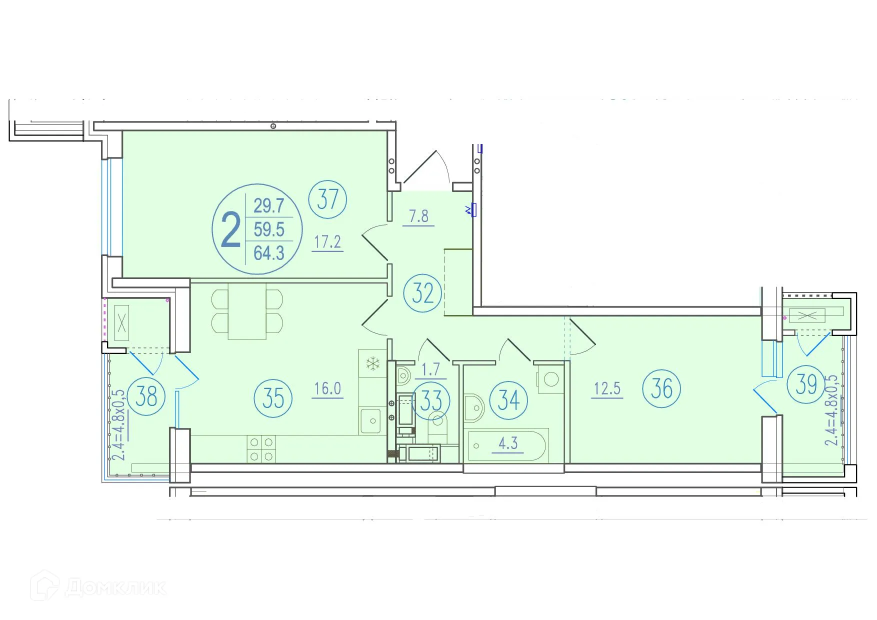 Планировка 2-комнатной квартиры 64.3 м² в ЖК СОСТОЯНИЕ, г. Ростов-на-Дону — фото 2