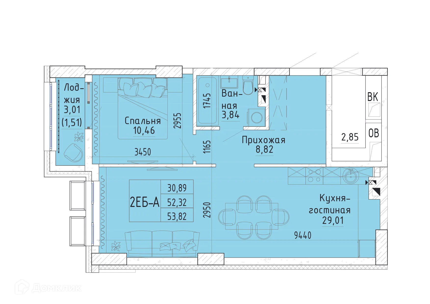 Планировка 1-комнатной квартиры 53.9 м² в ЖК Орион, г. Ростов-на-Дону — фото 2