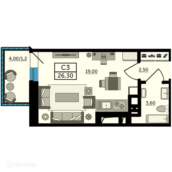 Планировка студии квартиры 27.1 м² в ЖК Грин парк, г. Ростов-на-Дону — фото 1