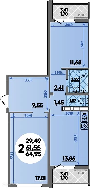 Планировка 2-комнатной квартиры 64.95 м² в ЖК Суворовский, г. Ростов-на-Дону — фото 1