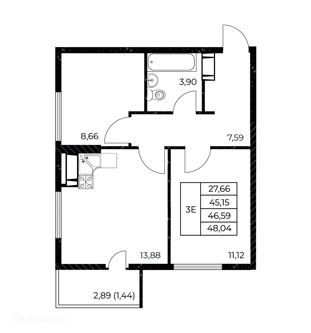 Планировка 2-комнатной квартиры 48.04 м² в ЖК Звезда Столицы 2, г. Ростов-на-Дону — фото 2