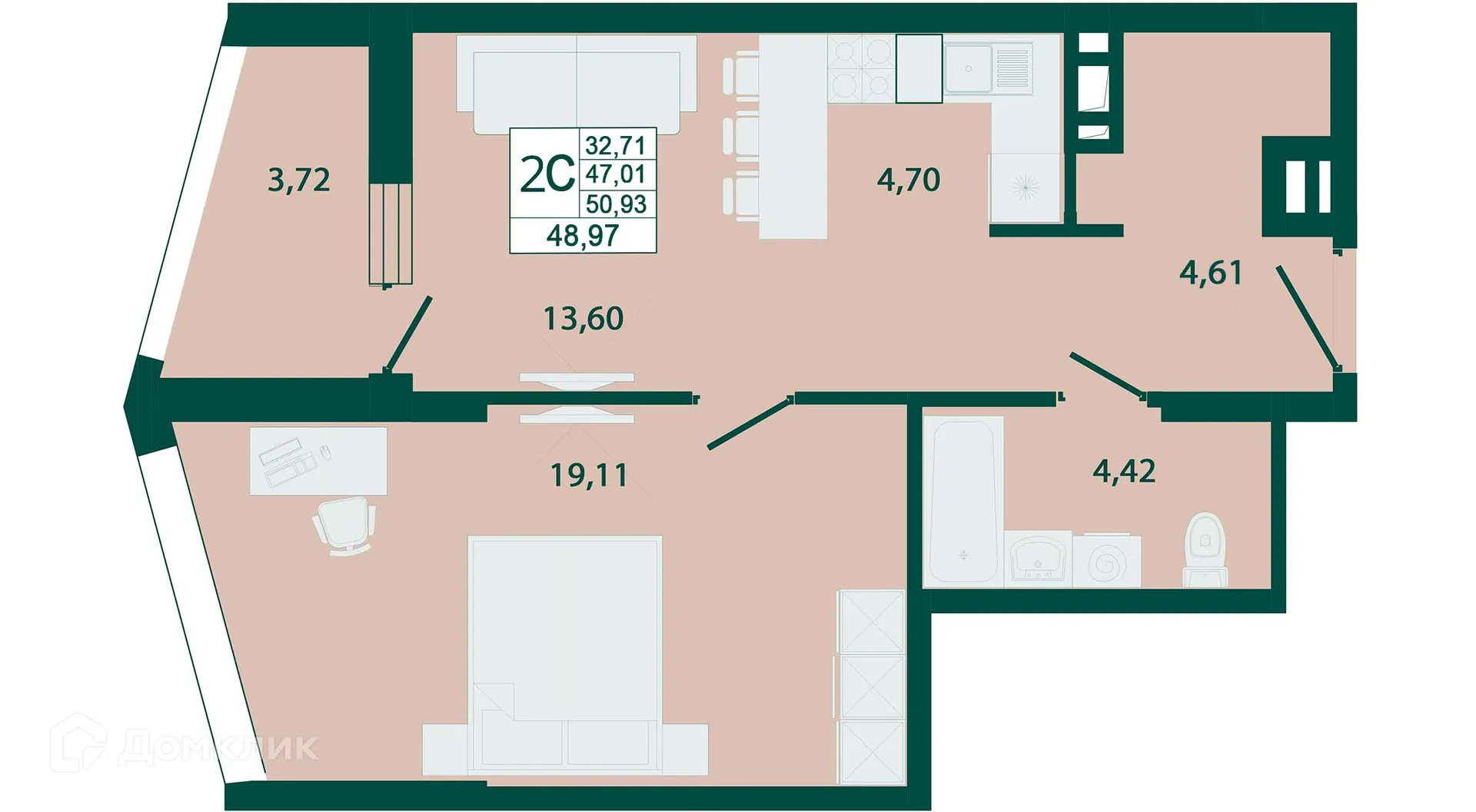 Планировка 1-комнатной квартиры 48.97 м² в ЖК "Северный бульвар", г. Ростов-на-Дону — фото 1