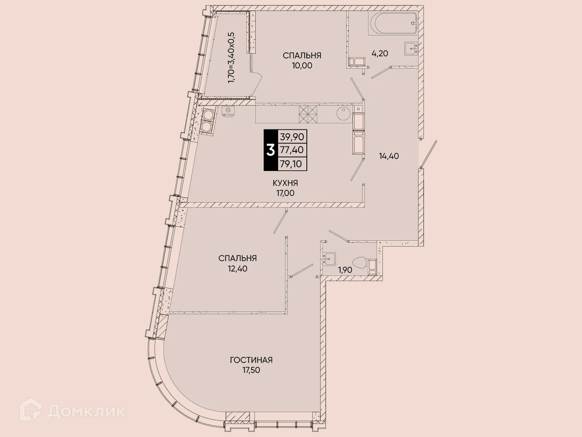 Планировка 3-комнатной квартиры 79.1 м² в ЖК Левобережье, г. Ростов-на-Дону — фото 1