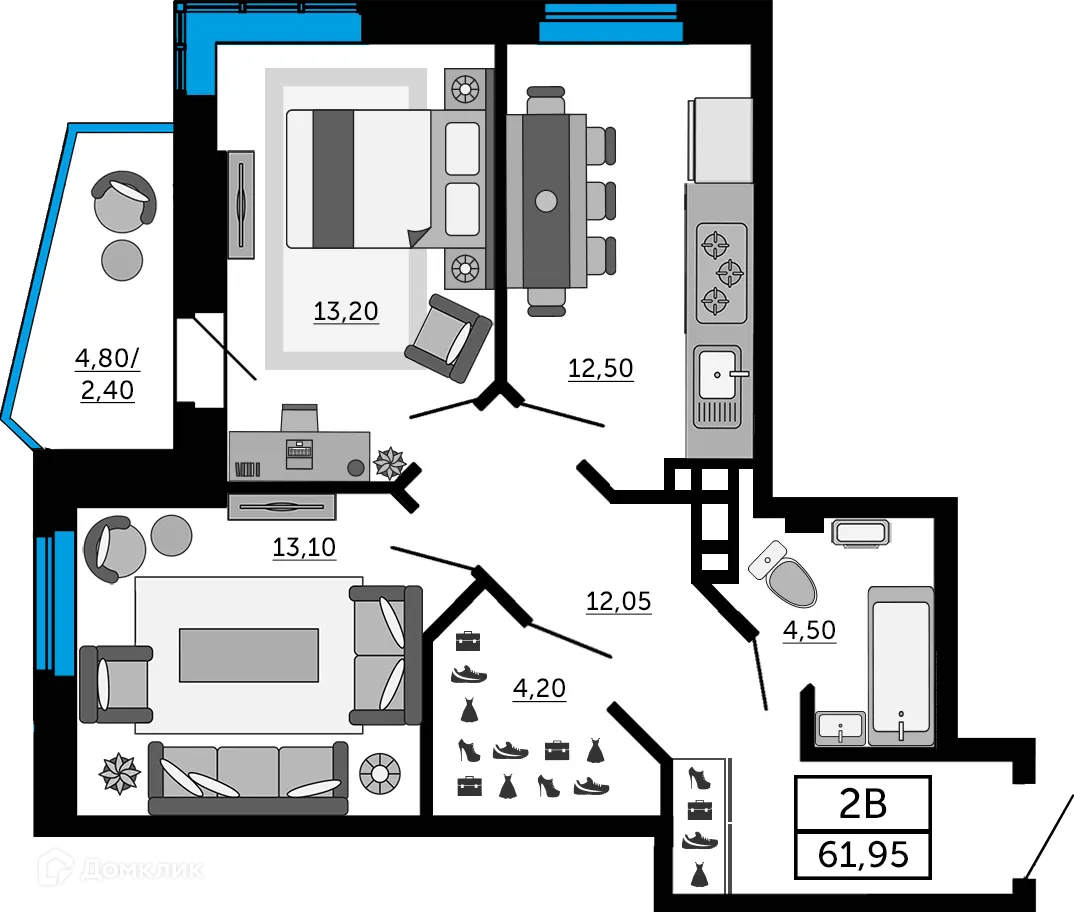Планировка 2-комнатной квартиры 61.65 м² в ЖК Донской Арбат 2, г. Ростов-на-Дону — фото 1