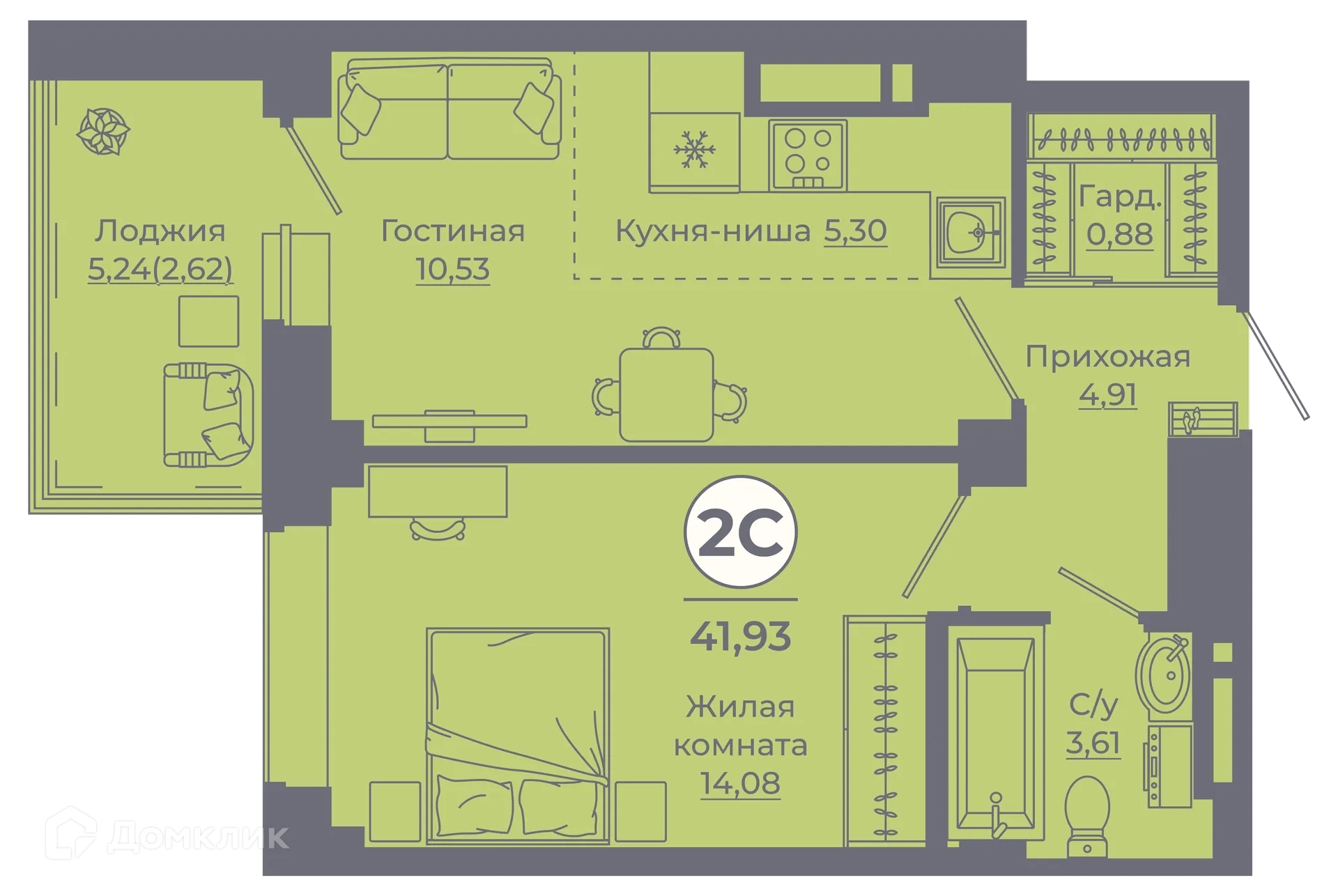 Планировка 2-комнатной квартиры 41.55 м² в ЖК Сокольники, г. Ростов-на-Дону — фото 1