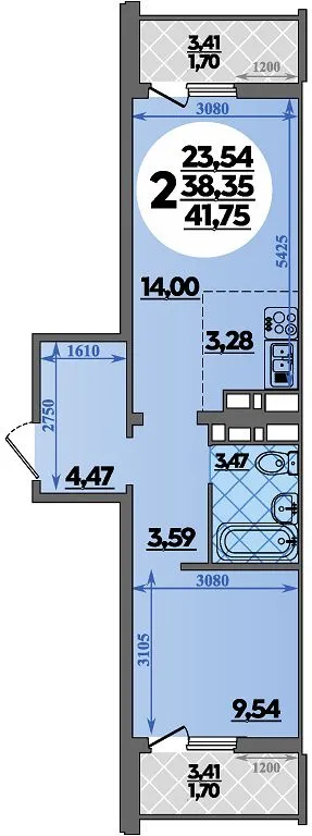 Планировка 2-комнатной квартиры 41.75 м² в ЖК Суворовский, г. Ростов-на-Дону — фото 1
