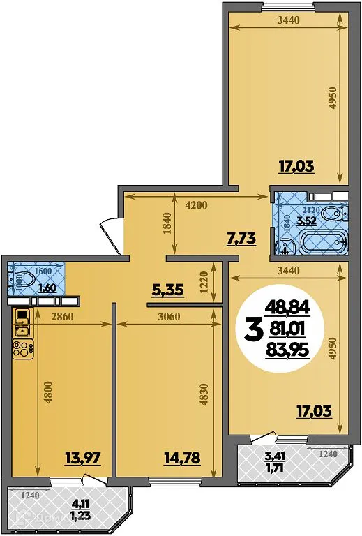 Планировка 3-комнатной квартиры 83.95 м² в ЖК Суворовский, г. Ростов-на-Дону — фото 1
