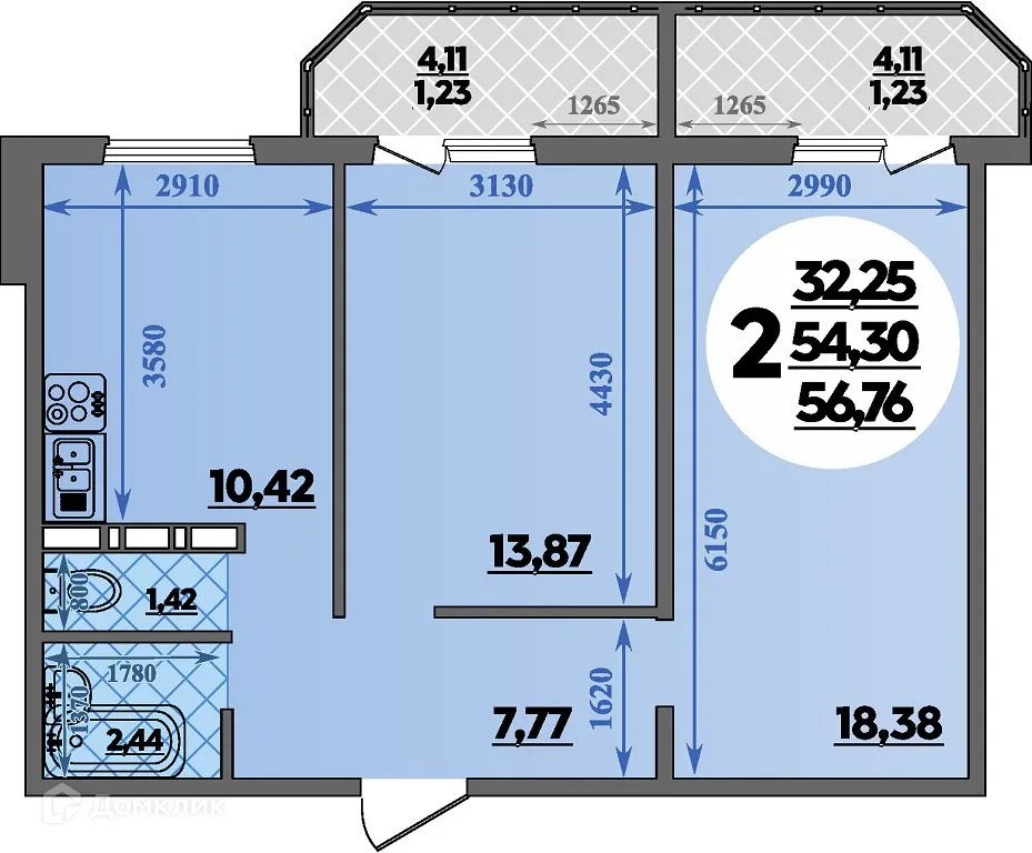 Планировка 2-комнатной квартиры 56.76 м² в ЖК Суворовский, г. Ростов-на-Дону — фото 1