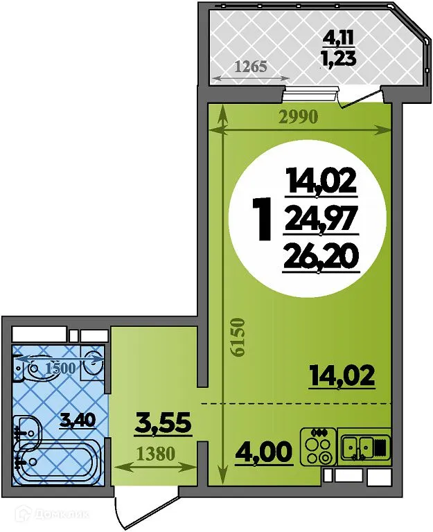 Планировка студии квартиры 26.2 м² в ЖК Суворовский, г. Ростов-на-Дону — фото 1
